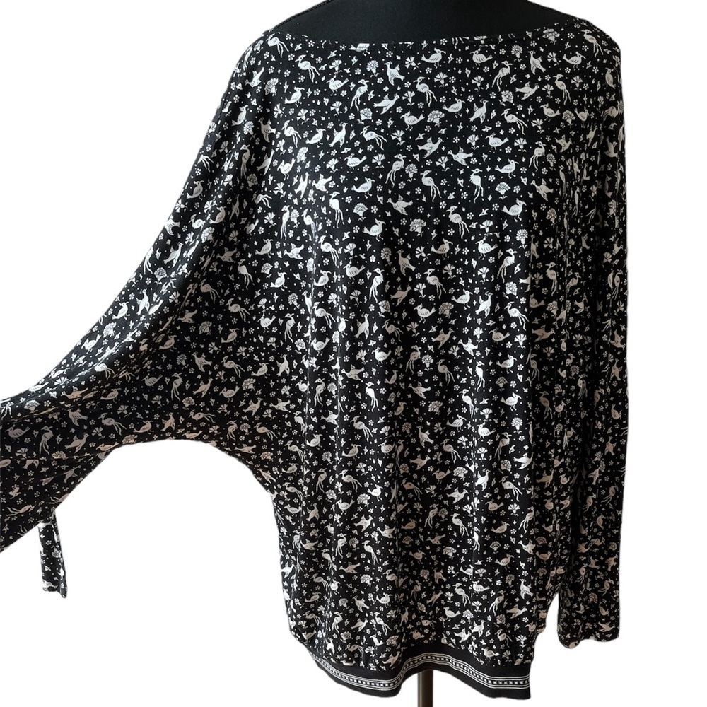 Max Studio Black White Top XL Bird Print Roll Tab Sleeves